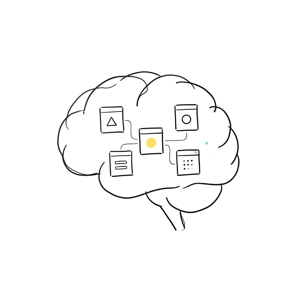 Sketch hand-drawn al unui creier ca sistem de operare cu module-aplicații înăuntru.